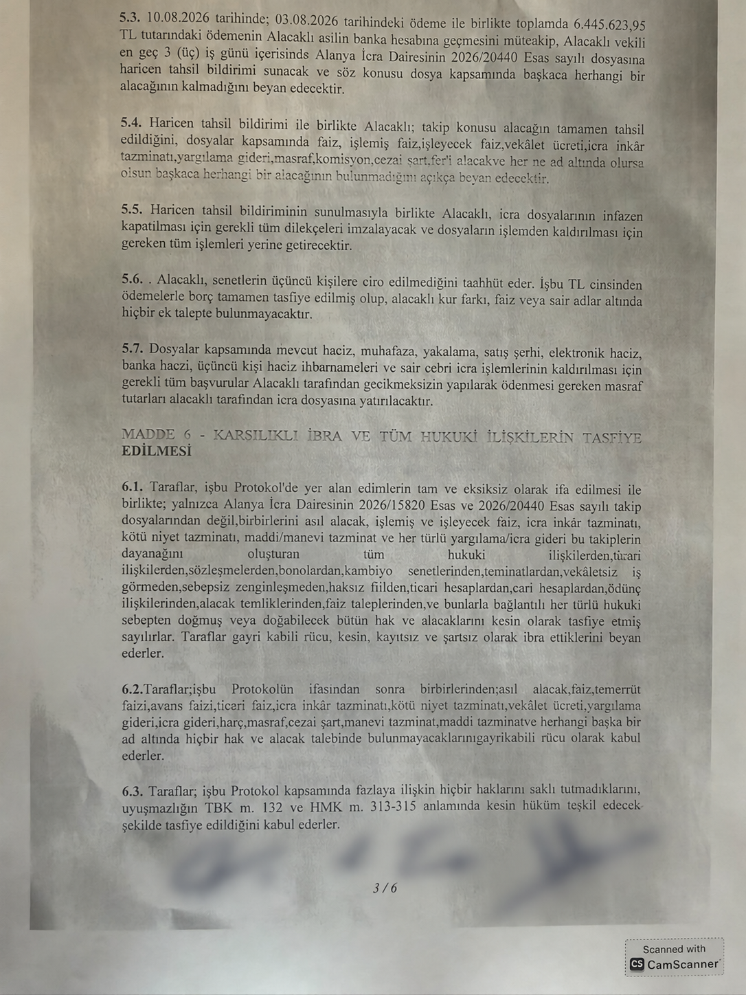 Protokolün maskelenmiş 3. sayfası