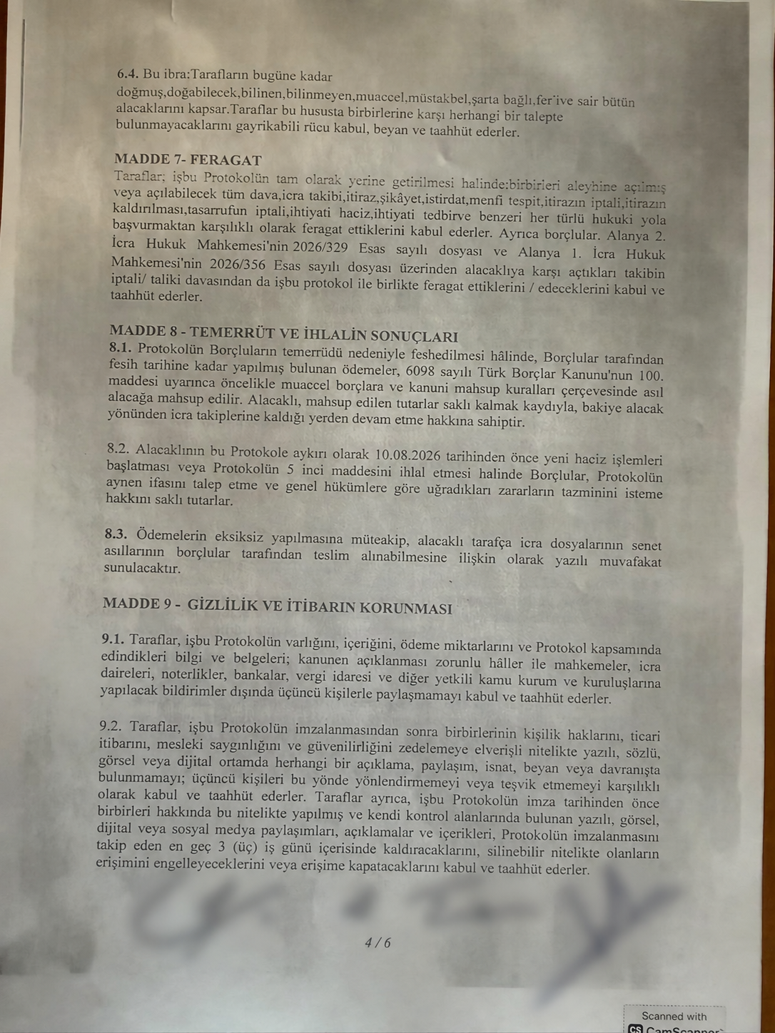 Protokolün maskelenmiş 4. sayfası